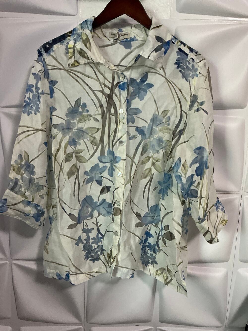 Notation White Blue Floral Linen Blend Button Down Shirt Women's Size 1X